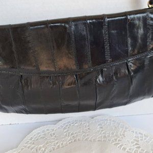 Vtg BIC STAR Black EEL SKIN Leather Clutch Handbag Quilted Purse Made in Korea